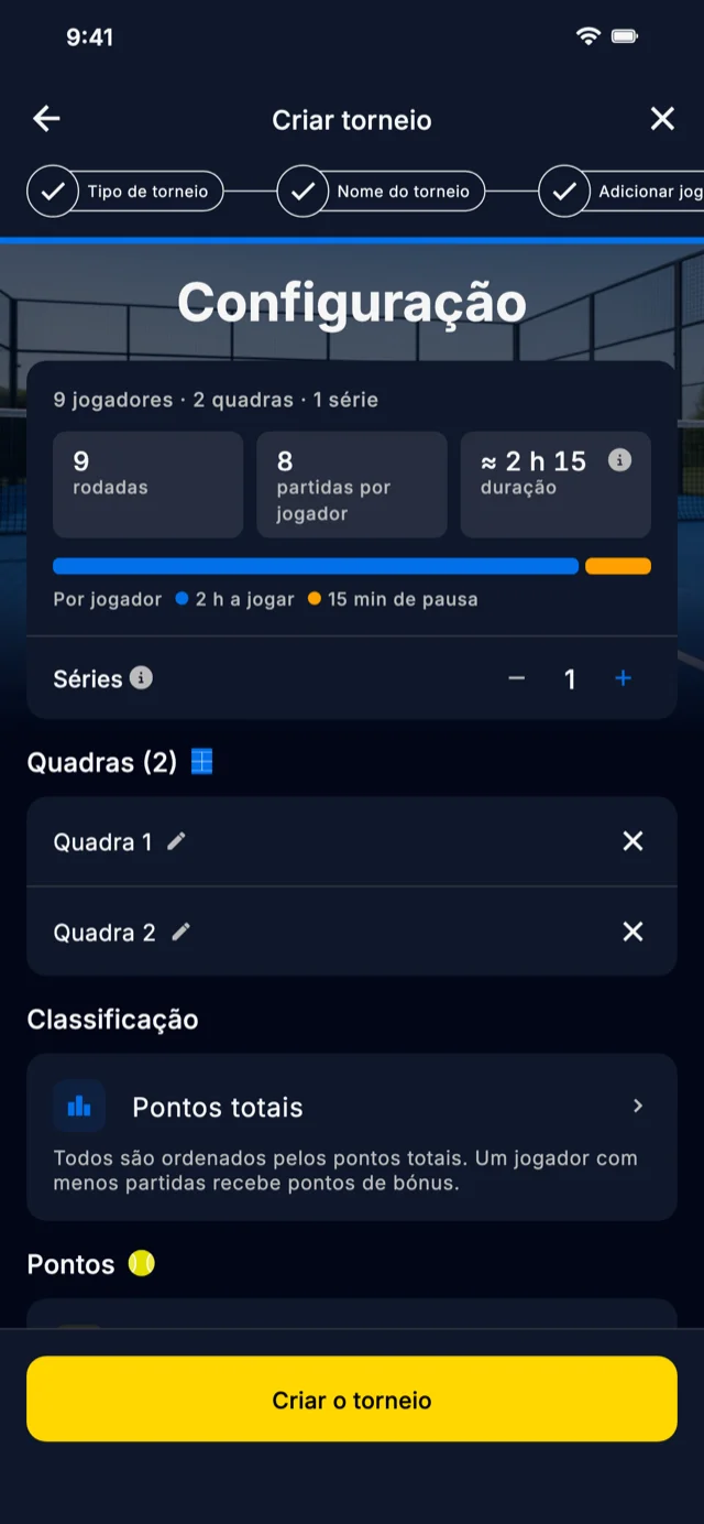 Ecrã de configuração de um torneio no Americano Padel Manager
