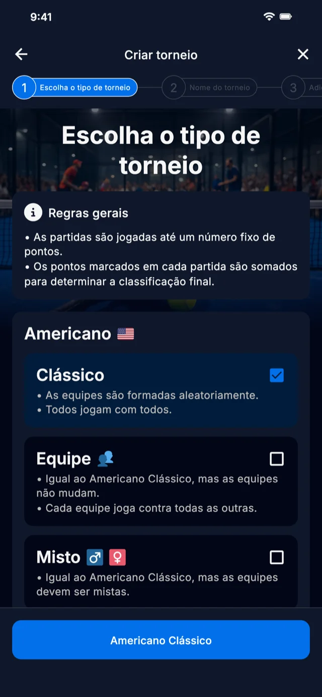 Seleção de formato de torneio de padel para Americano e Mexicano
