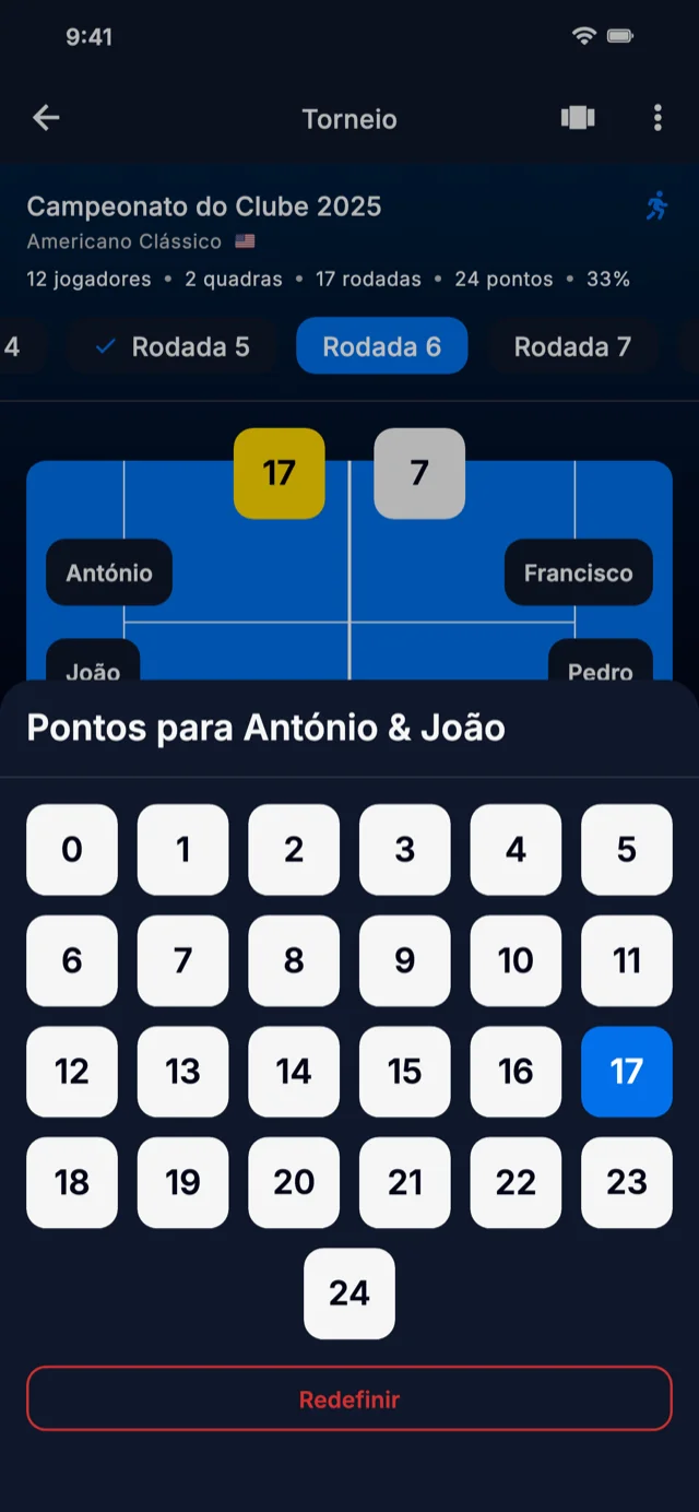 Captura de tela do app mostrando a entrada de pontuação