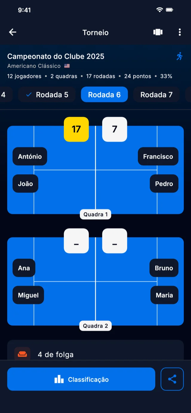 Captura de tela do app mostrando as rodadas do torneio