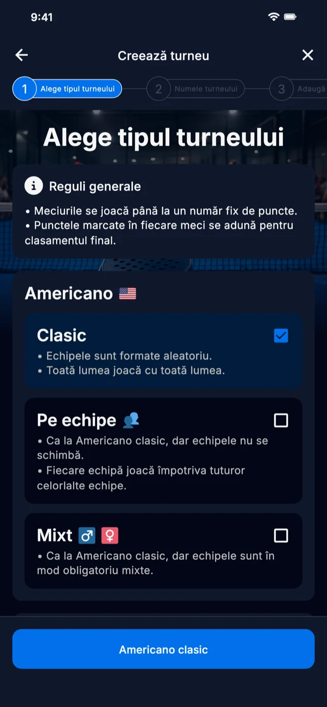 Selectarea formatului de turneu de padel pentru Americano și Mexicano