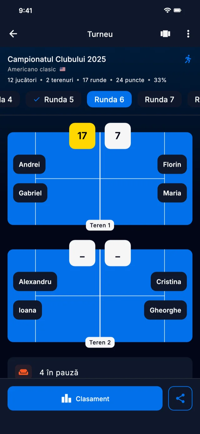 Captură de ecran a aplicației arătând rundele turneului