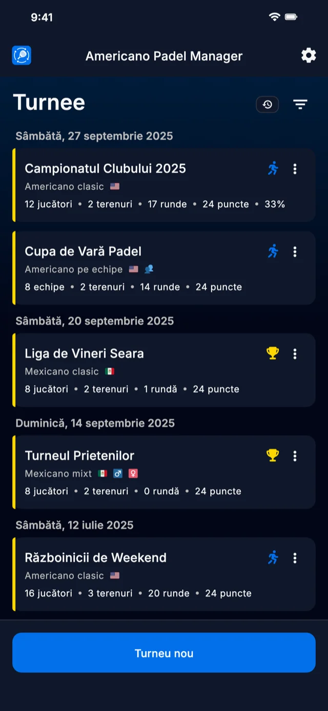 Aplicație de gestionare a turneelor de padel pentru formatele Americano și Mexicano