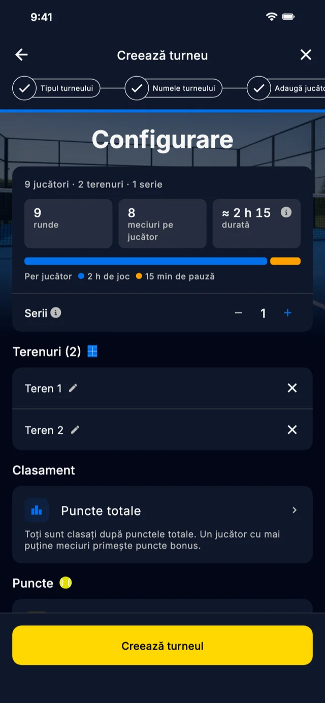 Ecranul de configurare a unui turneu în Americano Padel Manager