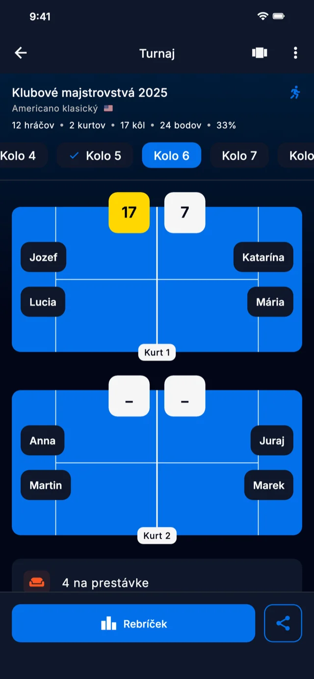 Snímka obrazovky aplikácie zobrazujúca turnajové kolá