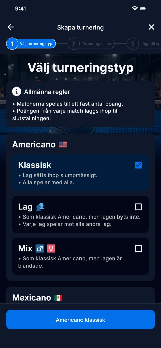 Padelturneringsformat-val för Americano och Mexicano