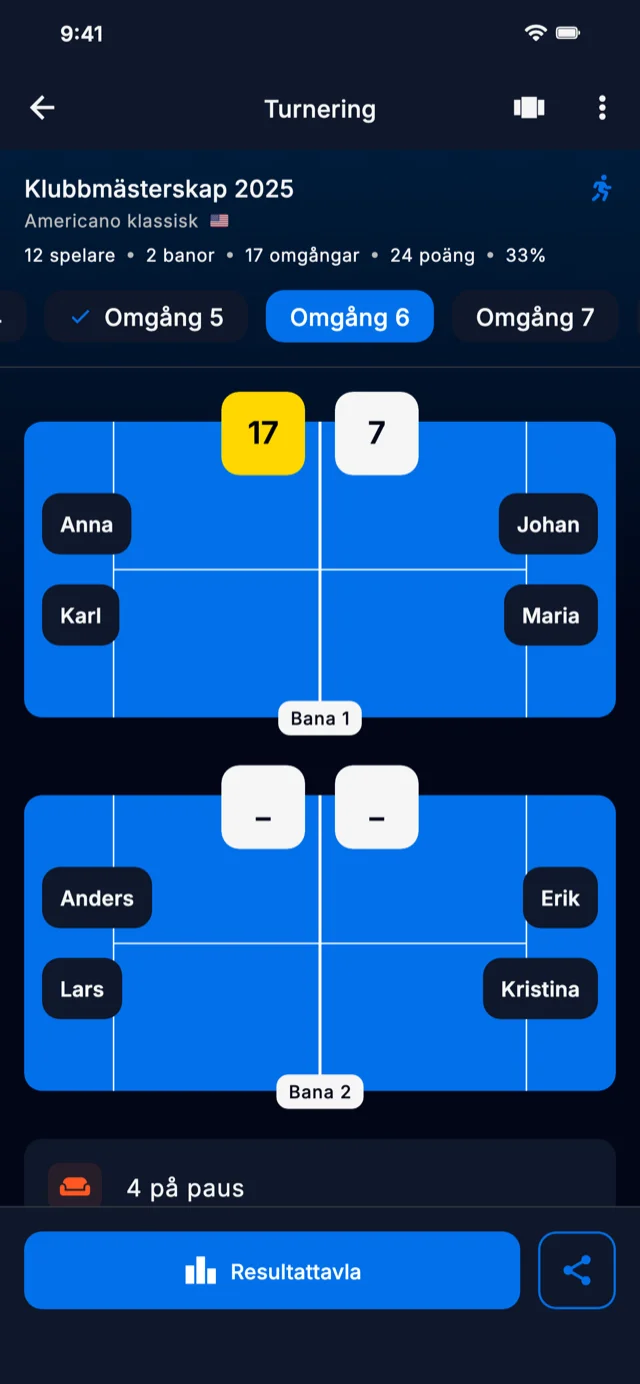 App-skärmbild som visar turneringsrundor