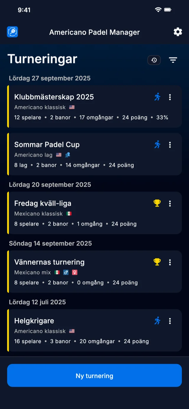 Padelturnerings-app för Americano- och Mexicano-format
