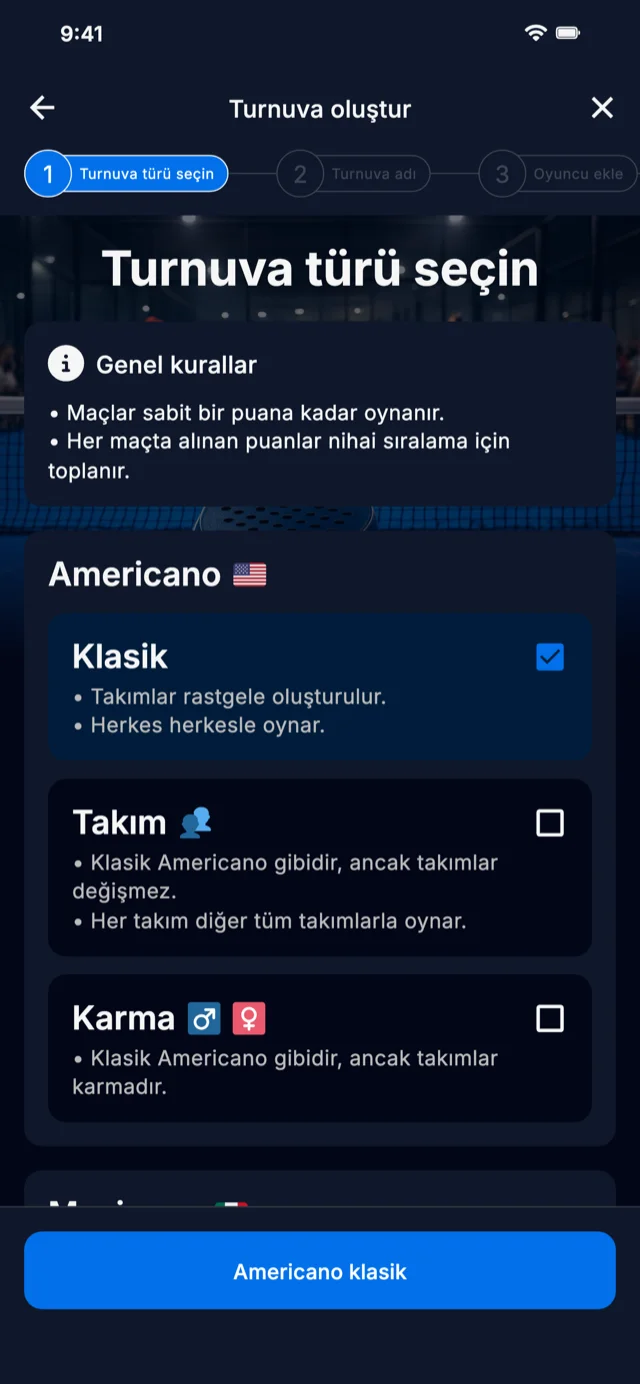 Americano ve Mexicano için padel turnuva format seçimi