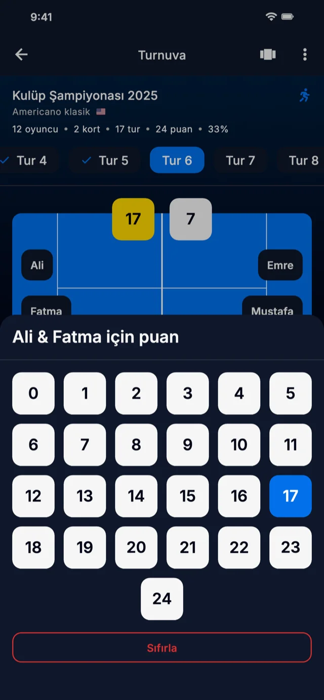 Skor girişini gösteren uygulama ekran görüntüsü