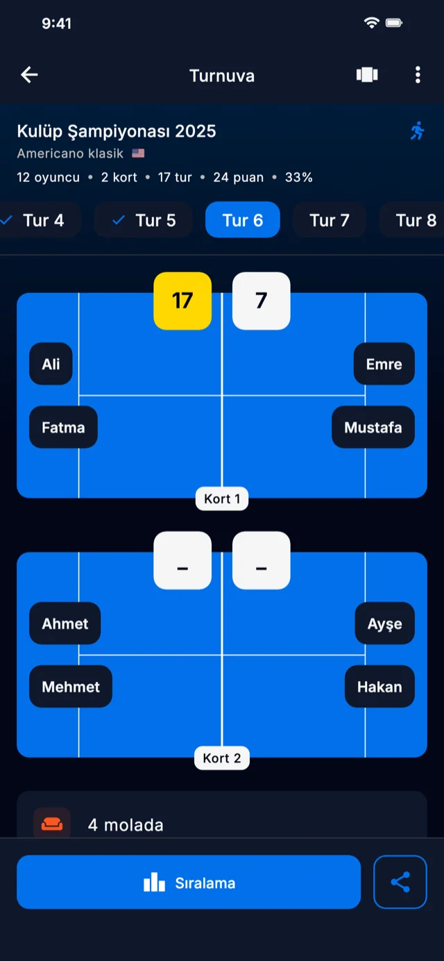 Turnuva turlarını gösteren uygulama ekran görüntüsü