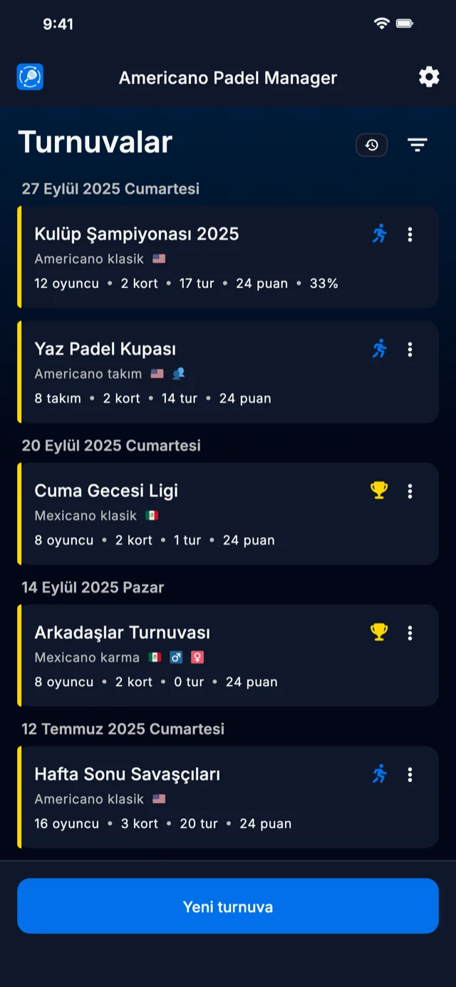 Americano ve Mexicano formatları için padel turnuva yönetim uygulaması